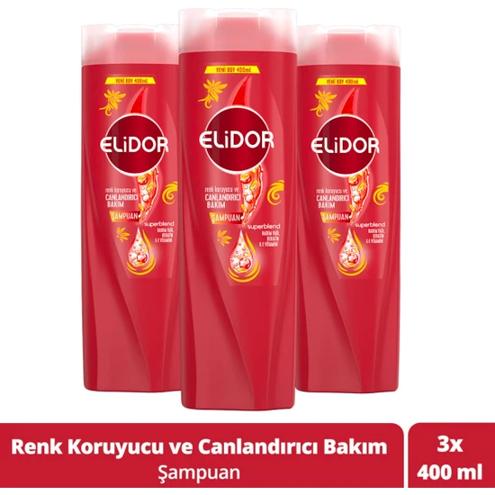 Elidor Superblend Saç Bakım Şampuanı Renk Koruyucu ve Canlandırıcı Bakım Badem Yağı Keratin E Vitamini 400 ml X3