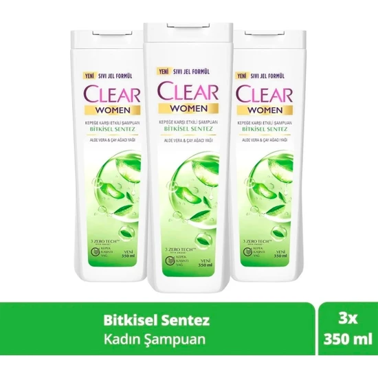 Clear Women Kepeğe Karşı Etkili Şampuan Bitkisel Sentez Aloe Vera & Çay Ağacı Yağı 350 ml x3