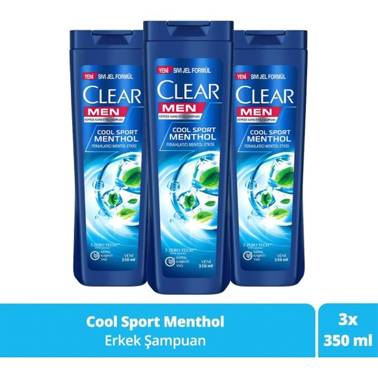 Clear Men Kepeğe Karşı Etkili Şampuan Cool Sport Menthol Ferahlatıcı Mentol Etkisi 350 ml X3