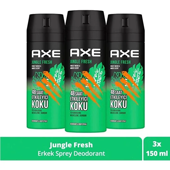 Axe Erkek Sprey Deodorant Jungle Fresh 48 Saat Etkileyici Koku 150 ml X3