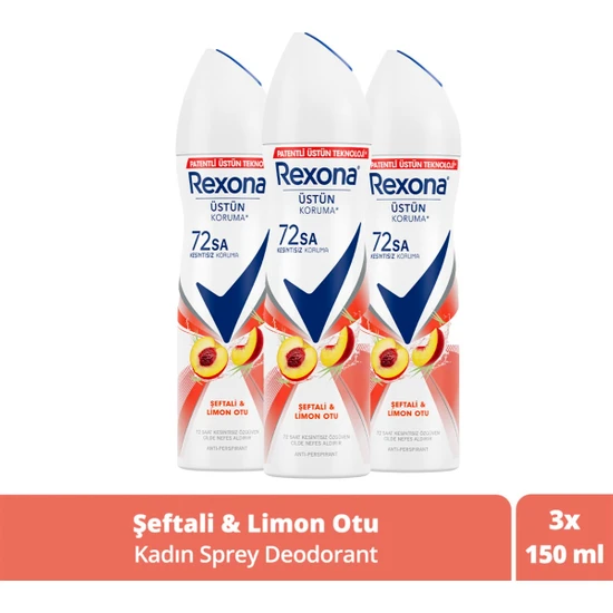 Rexona Kadın Sprey Deodorant Şeftali & Limon Otu 72 Saat Kesintisiz Üstün Koruma 150 ml X3