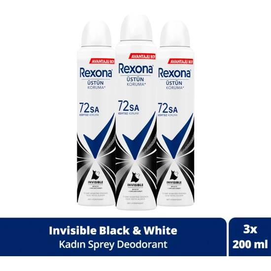 Rexona Kadın Sprey Deodorant Invisible Beyaz Iz Sarı Leke Karşıtı 72 Saat Koruma 200 ml X3