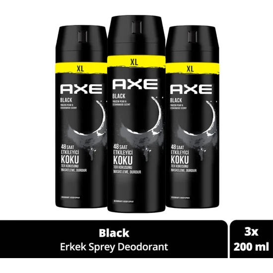 Axe Erkek Sprey Deodorant Black Xl 48 Saat Etkileyici Koku 200 ml X3
