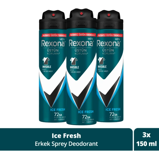 Rexona Men Erkek Sprey Deodorant Invisible Ice Fresh 72 Saat Kesintisiz Üstün Koruma 150 ml X3