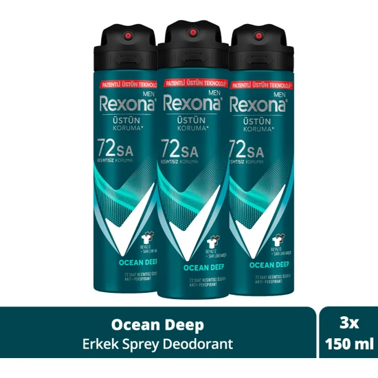 Rexona Men Erkek Sprey Deodorant Invisible Ocean Deep 72 Saat Kesintisiz Üstün Koruma 150 ml X3