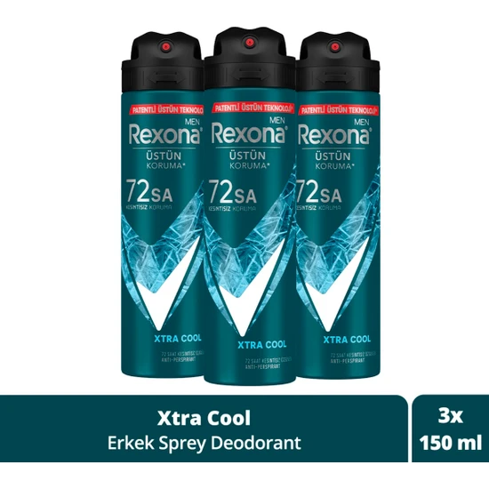 Rexona Men Erkek Sprey Deodorant Xtra Cool 72 Saat Kesintisiz Üstün Koruma 150 ml X3