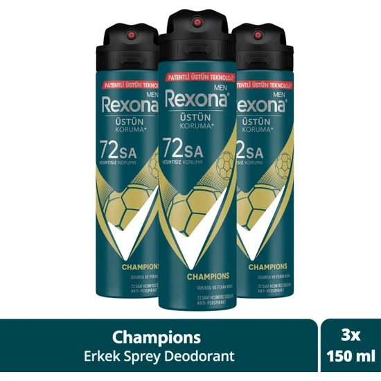 Rexona Men Erkek Sprey Deodorant Champions 72 Saat Kesintisiz Üstün Koruma 150 ml X3