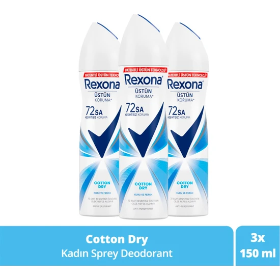 Rexona Kadın Sprey Deodorant Cotton Dry 72 Saat Kesintisiz Üstün Koruma 150 ml X3
