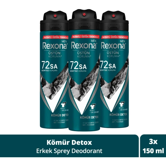 Rexona Men Erkek Sprey Deodorant Kömür Detox 72 Saat Kesintisiz Üstün Koruma 150 ml X3