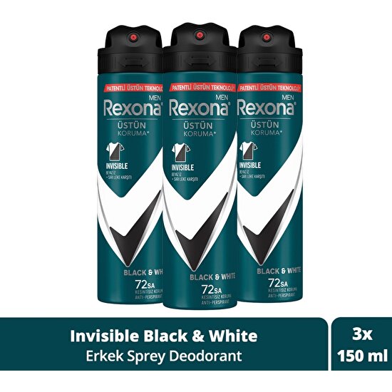 Rexona Men Erkek Sprey Deodorant Invisible Black & White 72 Saat Kesintisiz Üstün Koruma 150 ml X3