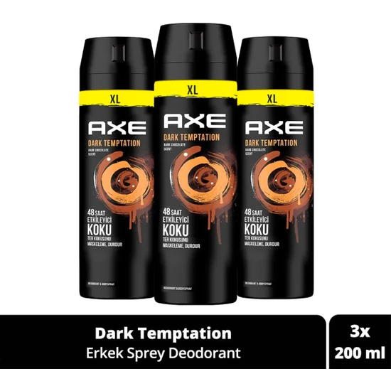Axe Erkek Sprey Deodorant Dark Temptation Xl 48 Saat Etkileyici Koku 200 ml X3