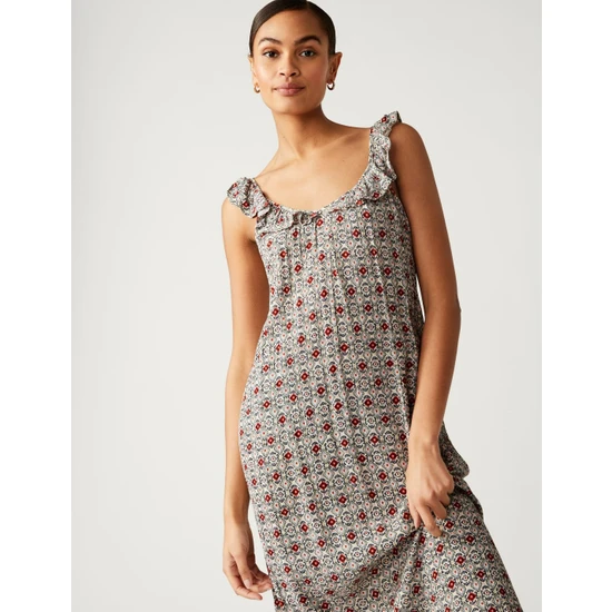 Marks & Spencer Fırfır Detaylı Desenli Midi Elbise