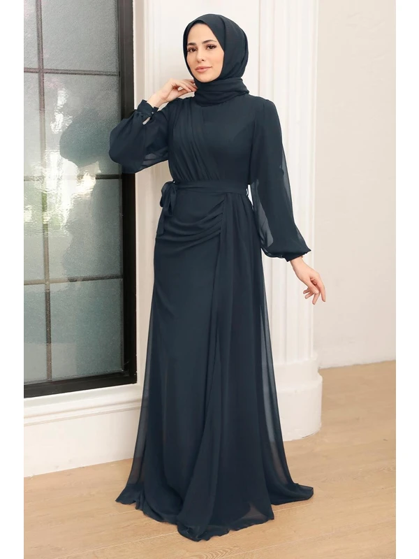 Neva Style Tesettür Abiye Elbise - Drape Detaylı Tesettür Abiye Elbise 5711L