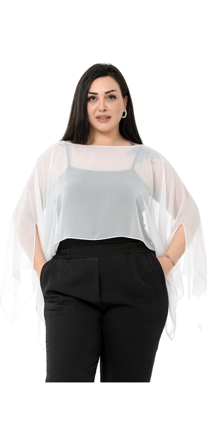Disentis Modest Büyük Beden Kadın Asimetrik Kesim Bej Şifon Pelerin Bolero görsel 2