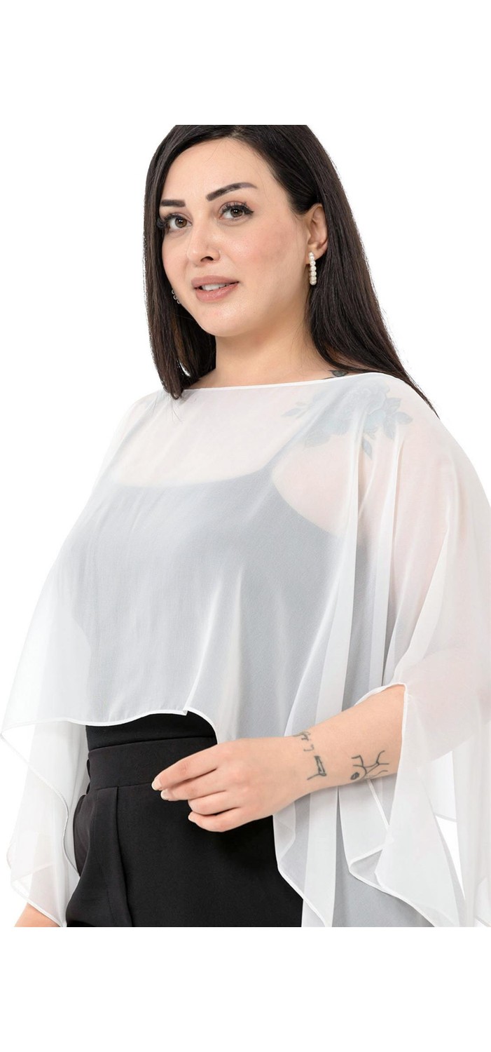 Disentis Modest Büyük Beden Kadın Asimetrik Kesim Bej Şifon Pelerin Bolero görsel 4