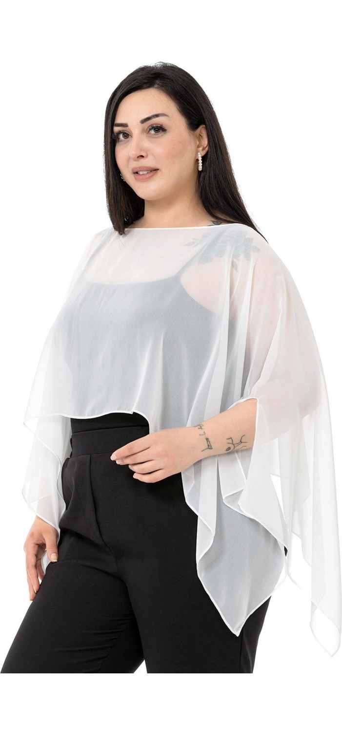 Disentis Modest Büyük Beden Kadın Asimetrik Kesim Bej Şifon Pelerin Bolero görsel 5