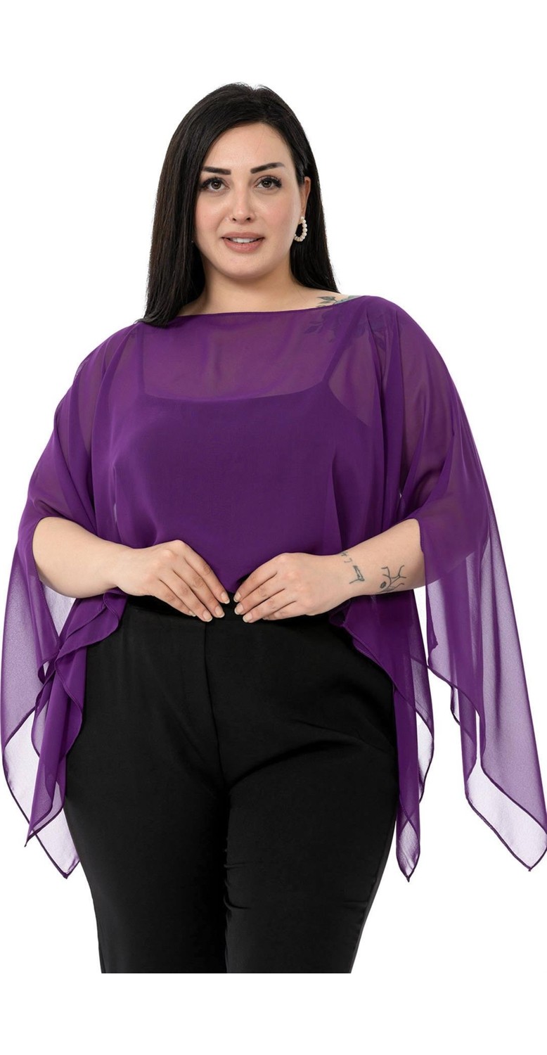 Disentis Modest Büyük Beden Kadın Asimetrik Kesim Bej Şifon Pelerin Bolero görsel 7