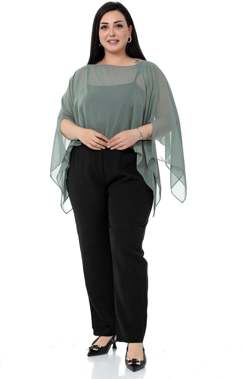 Disentis Modest Büyük Beden Kadın Asimetrik Kesim Bej Şifon Pelerin Bolero