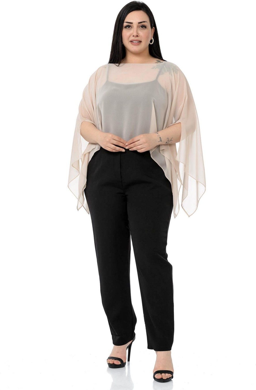 Disentis Modest Büyük Beden Kadın Asimetrik Kesim Bej Şifon Pelerin Bolero
