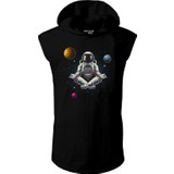Artaport Design Astronot Tasarım Baskılı Kapüşonlu Kolsuz Siyah T-Shirt