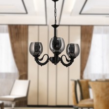 Dede Üç Kollu Riga Zamak Avize Siyah Füme Camlı