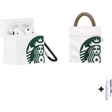 Ewec Airpods 1. ve 2. Nesil Uyumlu Starbucks Çanta Kılıf ve Beyaz 3'ü 1 Arada Airpods Temizleme Kalemi Seti