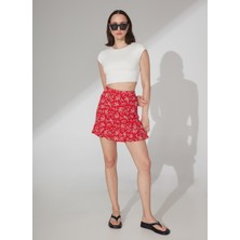 People By Fabrika Yüksek Bel Kırmızı Kadın Desenli Mini Etek Attock-3