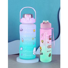 Motivasyonel Karışık Renk 2li Pipetli Stickerlı Su Matarası Suluk 2lt 750ML Yavrulu Tritan Spor Salonu Su Şişesi Motivasyonset