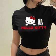 Favorim50Ton Hello Kitty Baskılı Siyah Crop