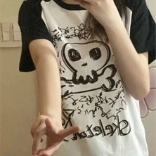 Favorim50Ton Beyaz Siyah Kol Detay Skeleton Kurukafa T-Shirt
