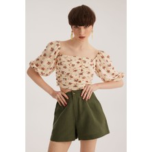 Stella Pulvis Ekru Omuzları Açık Büzgülü Crop Bluz