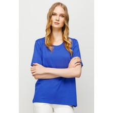 Desen Triko Kadın Sıfır Yaka Basic Penye T-shirt Saks