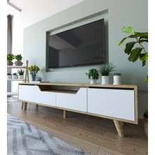 VM VERTEX MOBİLYA Roma Ahşap Ayaklı Tv Ünitesi Tv Sehpası Safir Meşe - Beyaz