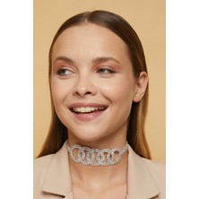 Furtek Aksesuar Kadın Halkalı Model Zirkon Taşlı Gümüş Pırlanta Abiye Düğün Gelin Parti Kolye Tasma Gerdanlık Choker