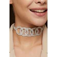 Furtek Aksesuar Kadın Halkalı Model Zirkon Taşlı Gümüş Pırlanta Abiye Düğün Gelin Parti Kolye Tasma Gerdanlık Choker