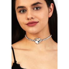 Furtek Aksesuar Kadın Kalp Model Zirkon Taşlı Gümüş Pırlanta Düğün Nişan Gelin Abiye Tasma Gerdanlık Kolye Choker