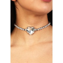 Furtek Aksesuar Kadın Kalp Model Zirkon Taşlı Gümüş Pırlanta Düğün Nişan Gelin Abiye Tasma Gerdanlık Kolye Choker