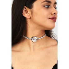 Furtek Aksesuar Kadın Kalp Model Zirkon Taşlı Gümüş Pırlanta Düğün Nişan Gelin Abiye Tasma Gerdanlık Kolye Choker
