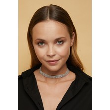 Furtek Aksesuar Kadın 4 Sıra Model Zirkon Taşlı Gümüş Pırlanta Kolye Abiye Gerdanlık Nişan Düğün Gelin Tasma Choker