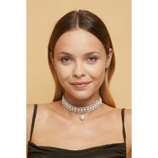 Furtek Aksesuar Kadın İnci Model Zirkon Taşlı Pırlanta Gümüş Kolye Gerdanlık Abiye Düğün Nişan Gelin Tasma Choker