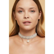 Furtek Aksesuar Kadın İnci Model Zirkon Taşlı Pırlanta Gümüş Kolye Gerdanlık Abiye Düğün Nişan Gelin Tasma Choker