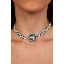 Furtek Aksesuar Kadın Beyaz Oval Model Zirkon Taşlı Gümüş Pırlanta Kolye Gerdanlık Tasma Abiye Su Yolu Choker Takı