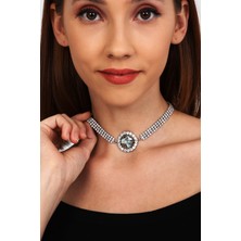 Furtek Aksesuar Kadın Beyaz Oval Model Zirkon Taşlı Gümüş Pırlanta Kolye Gerdanlık Tasma Abiye Su Yolu Choker Takı