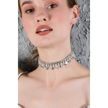 Furtek Aksesuar Kadın Büyük Küçük Badem Zirkon Taşlı Model Gümüş Pırlanta Abiye Düğün Nişan Gelin Kolye Tasma Choker