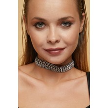 Furtek Aksesuar Kadın Siyah 5 Sıra Model Zirkon Taşlı Gümüş Pırlanta Gerdanlık Düğün Gelin Nişan Tasma Abiye Choker