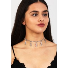 Furtek Aksesuar Kadın Dolar Model Zirkon Taşlı Gümüş Pırlanta Düğün Gelin Nişan Takısı Tasma Gerdanlık Kolye Choker