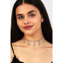 Furtek Aksesuar Kadın Dolar Model Zirkon Taşlı Gümüş Pırlanta Düğün Gelin Nişan Takısı Tasma Gerdanlık Kolye Choker