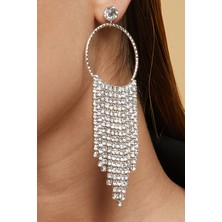 Furtek Aksesuar Kadın Halkalı Saçaklı Sallantılı Uzun Su Yolu Model Taşlı Pırlanta Abiye Düğün Gelin Kına Söz Küpesi