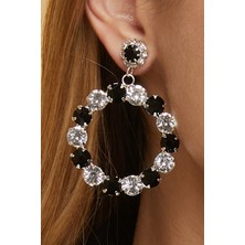 Furtek Aksesuar Kadın Siyah Beyaz Taşlı Halkalı Model Sallantılı Gümüş Abiye Düğün Kına Söz Parti Nişan Gelin Küpesi