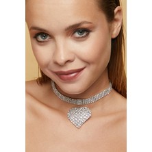 Furtek Aksesuar Kadın Kalp Model Zirkon Taşlı Gümüş Gerdanlık Kolye Pırlanta Abiye Düğün Tasma Nişan Gelin Choker